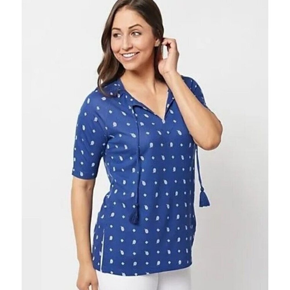 Isaac Mizrahi Live! Printed Ponte Top with Tassels and Elbow Royal Navy Small